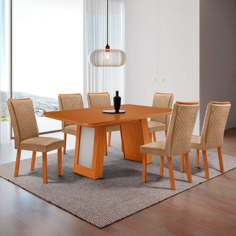 Conjunto de Jantar Carolina Laminado 6 Lugares Tampo MDF Cadeiras Lisa Off White 180cm Moderna