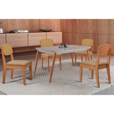 Sala de Jantar Completa Havana C/ Tampo Madeirado C/ Vidro Canto Curvo 120x80cm e 4 Cadeiras Havana