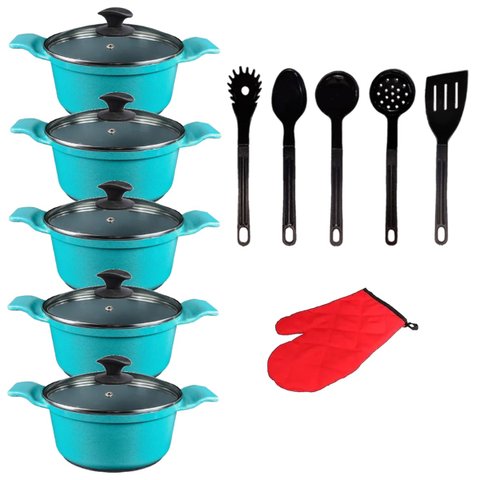 Jogo Panelas Azul Cerâmica Talher Preto Javali AAL 16 A 24