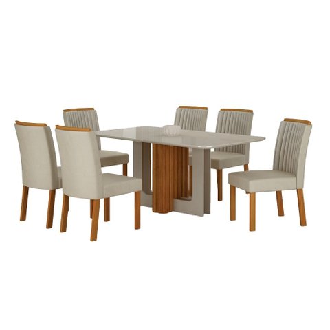 Conjunto Sala de Jantar Sofia 1,60m Tampo Vidro Off com 6 Cadeiras Jade Cinamomo/Off/Joli Palha