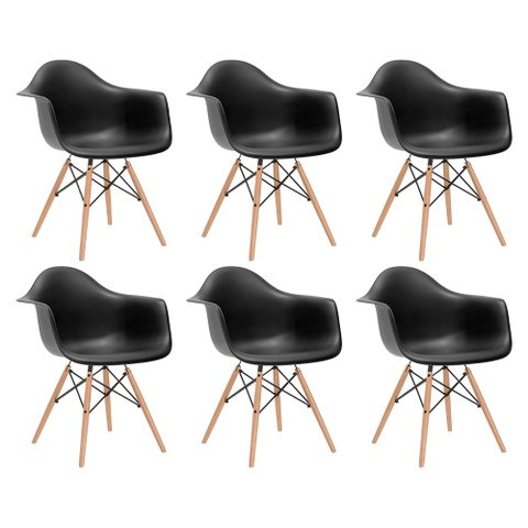 Kit 6 Poltronas Eames de Madeira com Braço Daw com Assento Preto