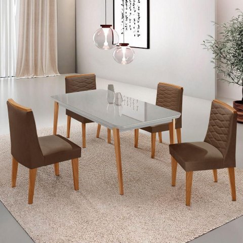 Mesa de Jantar Copper 120cm Tampo Mdf 4 Cadeiras Moderna Veludo Marrom/off/nat/serig Off