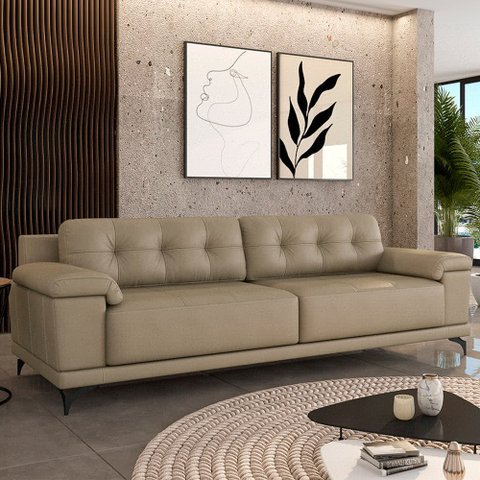 Sofá Living 3 lugares 212cm Agostino Pés Design em Ferro Couro Bege G52 - Gran Belo