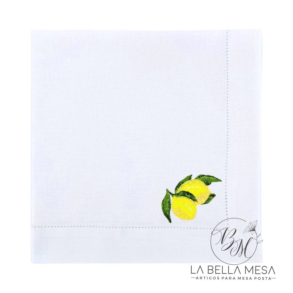 Guardanapo Linho Branco Ponto Ajour Bordado Limão Siciliano Tropical 50x50 cm