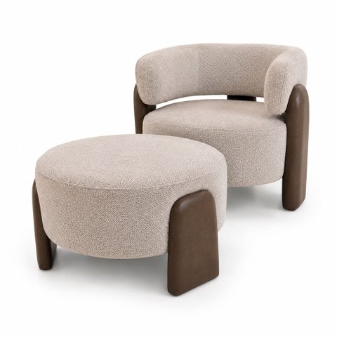 Poltrona com Puff Orgânico Argo Courino Marrom | Bouclé Sagu Marrom Claro - Sallar Home