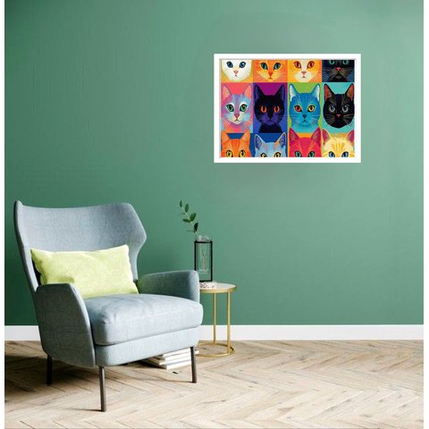 Quadro Decorativo Gatos Olhares Coloridos - 50x70cm:moldura Branca