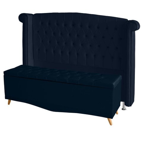 Kit Cabeceira de Cama Box e Calçadeira Baú Luxo King 195 Cm Suede Azul Marinho Eli Móveis