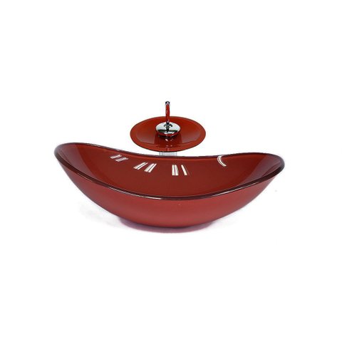 CUBA DE VIDRO OVAL 55CM VERMELHO CEREJA + VALVULA + TORNEIRA CASCATA