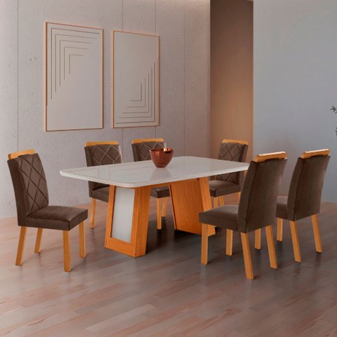 Mesa de Jantar Carolina Tampo 180cm MDF com Vidro Canto Copo e 6 Cadeiras Melissa
