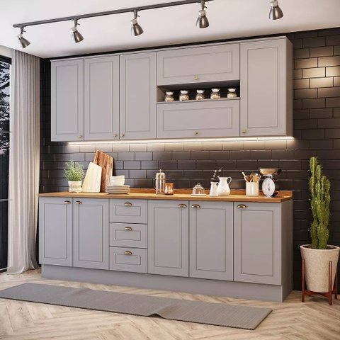Cozinha Modulada 240cm 7 Peças 11 Portas 3 Gavetas Americana Henn - Cinza/nature
