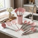 Ver imagem 6 de Kit Utensílios de Cozinha Silicone Rosa 12 Peças com Suporte Cabos Inox Antiaderente