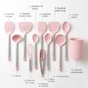 Ver imagem 3 de Kit Utensílios de Cozinha Silicone Rosa 12 Peças com Suporte Cabos Inox Antiaderente