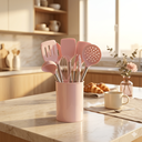 Ver imagem 3 de Kit Utensílios de Cozinha Silicone Rosa 12 Peças com Suporte Cabos Inox Antiaderente