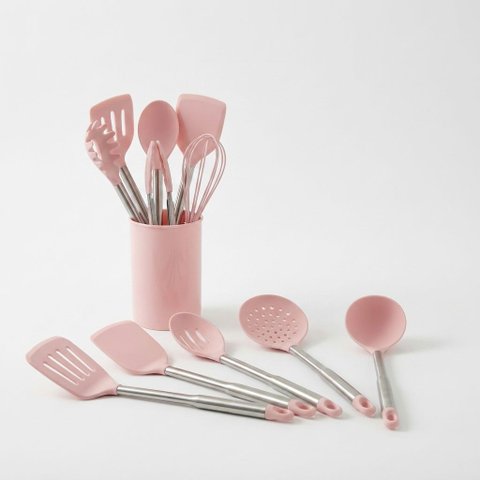 Kit Utensílios de Cozinha Silicone Rosa 12 Peças com Suporte Cabos Inox Antiaderente