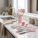 Ver imagem 5 de Kit Utensílios de Cozinha Silicone Rosa 12 Peças com Suporte Cabos Inox Antiaderente