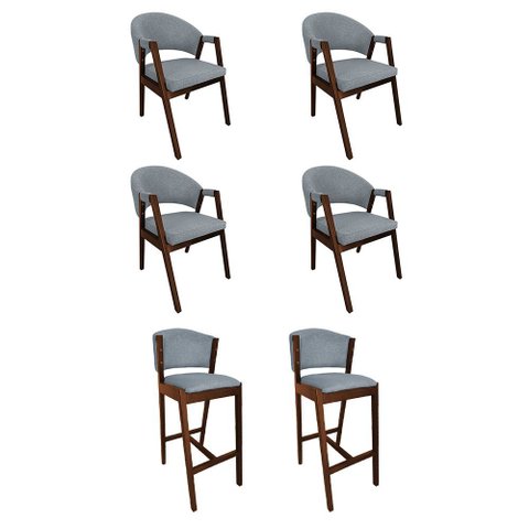 Kit 4 Cadeiras Helen para Mesa de Jantar com 2 Banquetas Ana Madeira Maciça Premium Linho - Cinza