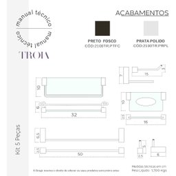 Kit de Acessórios para Banheiro 5 Peças Suporte Quadrado Proteção Grego Metal Preto Fosco Troia - 4
