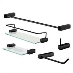 Kit de Acessórios para Banheiro 5 Peças Suporte Quadrado Proteção Grego Metal Preto Fosco Troia - 1
