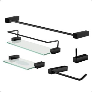Kit de Acessórios para Banheiro 5 Peças Suporte Quadrado Proteção Grego Metal Preto Fosco Troia