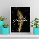 Ver imagem 1 de Quadro Pena Dourada Gratidão 24x18cm - com vidro:Madeira preta