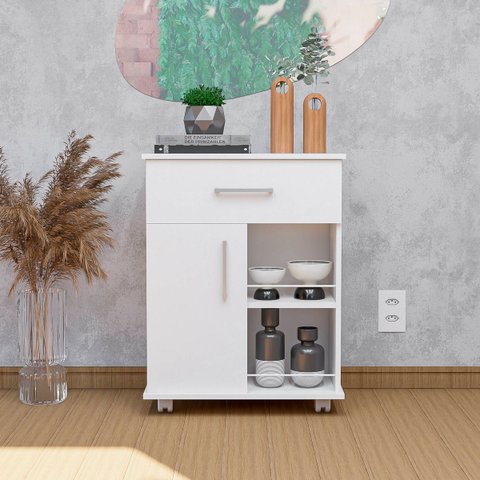 Balcão Fruteira para Micro-ondas 1 Porta 1 Gaveta com Rodízios Branco