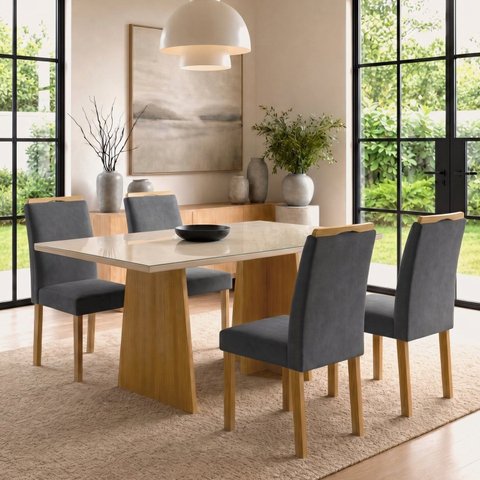 Conjunto de Mesa 4 Lugares Lyra com Tampo em MDF e Vidro Cinamomo e Off White