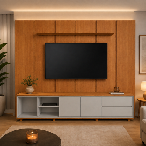 Painel Completo com Rack Celeste - Belaris Móveis:Naturalle Off White