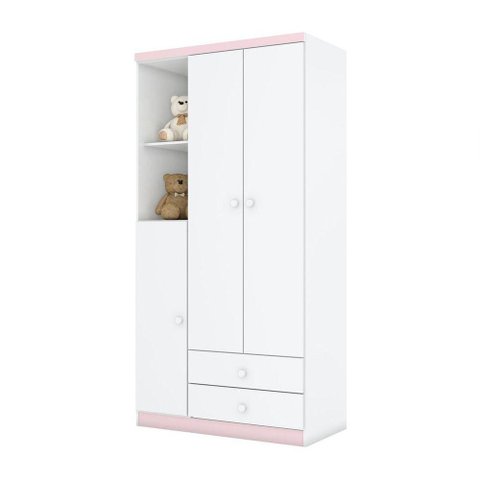 Guarda Roupa Infantil 03 Portas 02 Gavetas Henn Branco Ou Branco Com Rosa Chá