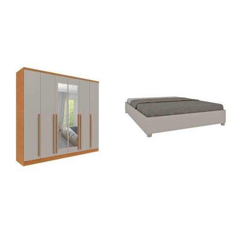 Conjunto Guarda Roupa Casal 6 Portas 8 Gavetas Puxador MDF com Espelho Portugal e Cama Casal Monaco Bege/Cinamomo/Off White