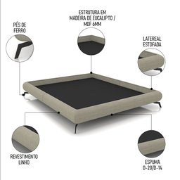 Cama Queen Base Box 158x198cm Pés de Ferro Cold P02 Linho Bege - Mpozenato - 3