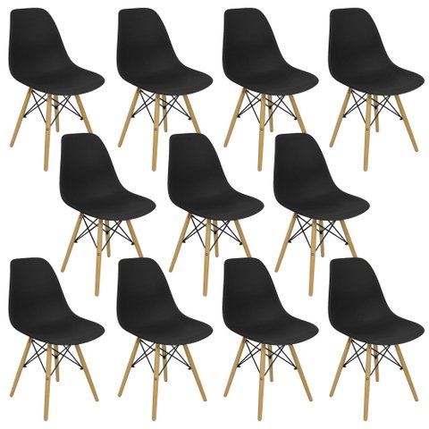 Kit 11 Cadeiras Charles Eames Eiffel Wood Design Preta