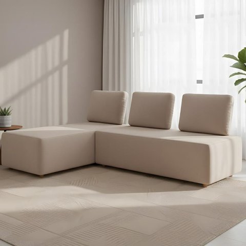 Sofá 3 Lugares com Chaise 222cm Rovier Veludo Bege Z32 - Mpozenato