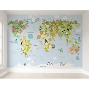 Papel de parede infantil Mapa Mundi animais M² VR49