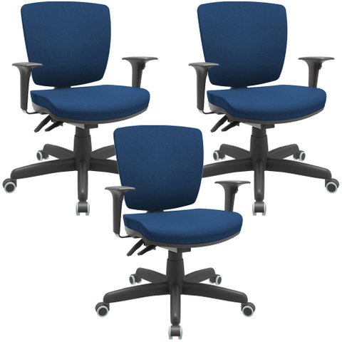 Kit 3 Cadeiras de Escritório Executiva Office Giratória Preto Baixa Flexi P03 Poliéster Azul - Lyam 