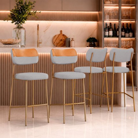 Kit 4 Banquetas Baixa Sala de Jantar Lisa Pés Champanhe Linho/PU Cinza/Caramelo m² - Monari Design