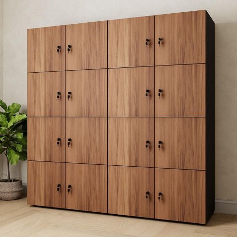 Armário Organizador Locker 16 Portas c/ Chave F5 Office Cor:Nogal com Preto
