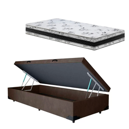 Cama Base Box Baú Solteiro Super Confort Suede Marrom + Colchão Solteiro Super Confort D33 24x88x188 - 1