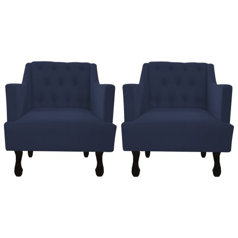 Kit 2 Poltronas Decorativa Julia Suede Azul Marinho Pés Madeira Ms Decor