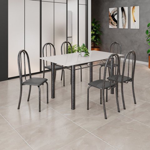 Conjunto de Mesa Tubular 140cm x 75cm Tampo em Vidro com 6 Cadeiras Iris B Prata/Preto Liso/Martelado