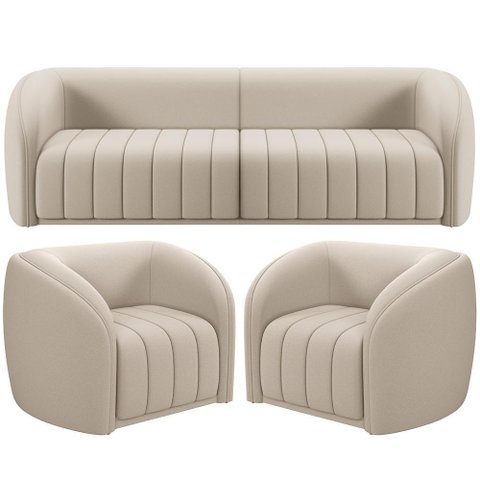 Kit Sofá 4 Lugares para Sala 252cm com 02 Poltronas Lazio M03 Veludo Bege - Lyam Decor