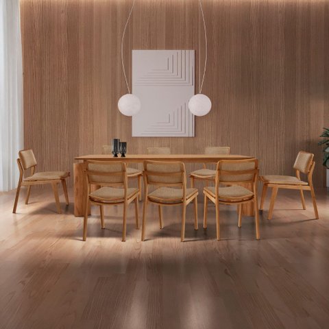 Sala de Jantar Mesa Nala 220cm Tampo Laminado Canto Moeda com 8 Cadeiras Eva