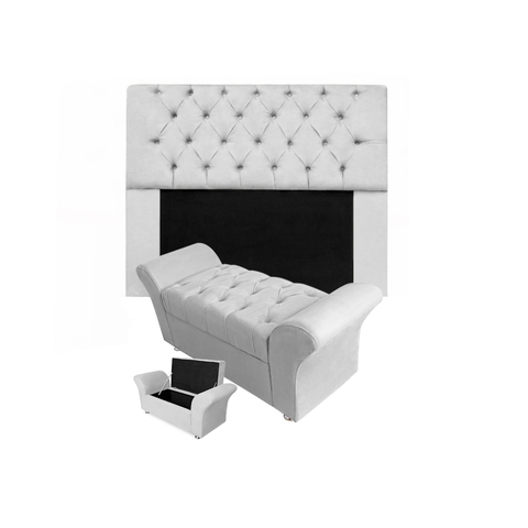 Jogo Cabeceira Mirage e Calçadeira Baú Veneza Solteiro 90 cm Suede Branco - LM DECOR