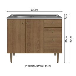 Balcão Gabinete com Pia 3 Portas e 1 Gaveta 105cm Rustic Gourmet Madesa - 3
