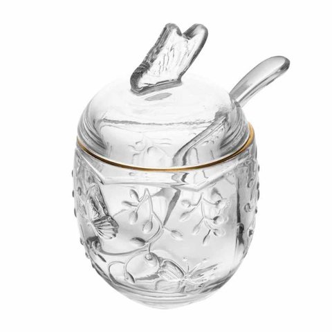 Açucareiro com Colher New Butterfly com Fio de Ouro 250ml Cristal Ecológico Lyor