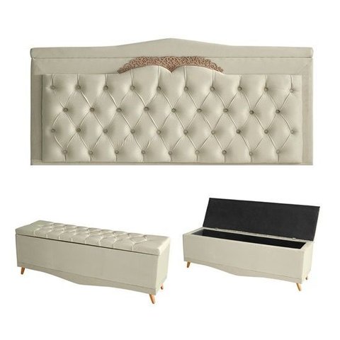 Kit Helena Cabeceira de Cama Painel e Calçadeira Baú King 195 Cm Suede Porcelana Eli Móveis e Decora