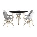 Ver imagem 2 de Mesa Jantar Redonda 110cm Preta Clips 3 Pés com 5 Cadeiras Eames Eiffel Brancas Base Dourada