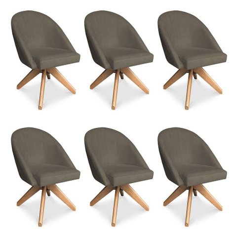Kit 6 Poltronas Cadeira Giratória Bela Suede Base Madeira Marrom Pallazio