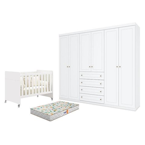 Berço Americano Evolution 4 em 1 Branco Acetinado e Guarda Roupa Casal Americano 6 Portas Branco HP 