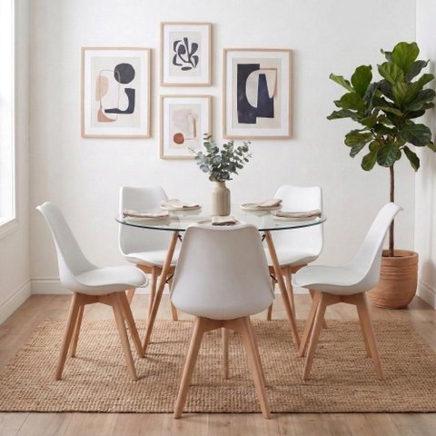 Mesa Eames Vidro 110cm + 5 Cadeiras Saarinen Wood - Seat&Co