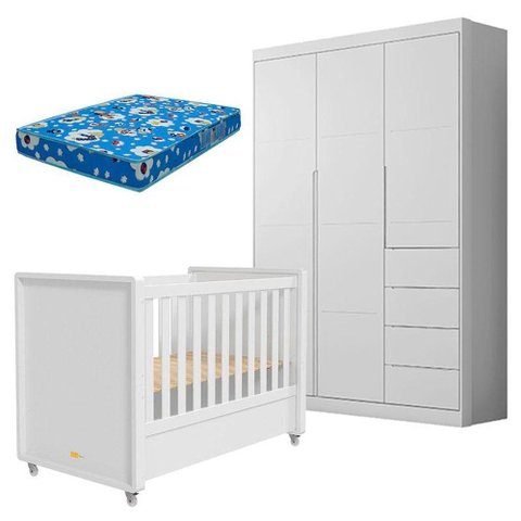 Berço Americano Tutto New e Guarda Roupa Infantil Eloá Branco Acetinado com Colchão Ortobom -